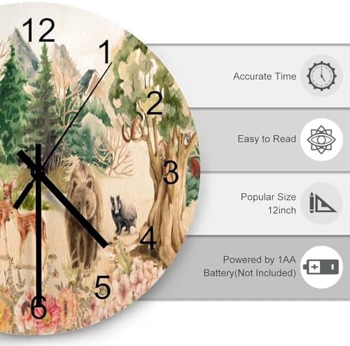 Forest Wood Wall Clock, Retro Mountain Forest Nature Tree Woodland Flower - Image 3