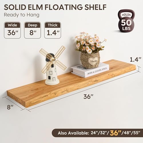 36" Live Edge Floating Shelves, Solid Elm Wood Shelf - Image 3