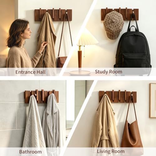 Coat Rack Wall Mount, Walnut 5 Flip-Down Picket Hanger Hooks - Image 5