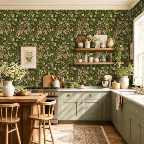 BOKEBEVE Green Wildflower Wallpaper Peel and Stick Boho Floral 17.5 x 118In - Image 3