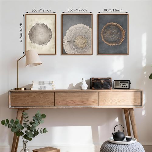 3Pcs Neutral Tree Ring Framed Canvas Wall Art Beige Gray Paintings 12"x16" - Image 4