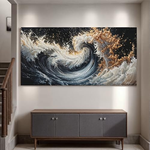 YISXINOAG Blue Gold Ocean Wall Art Coastal Abstract Painting Canvas 29"X58" - Image 5
