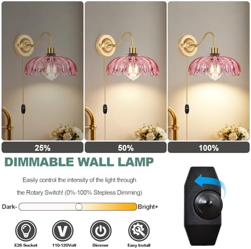 ZECOXOL Vintage Plug in Wall Sconces Set of Two, Glass Wall Sconces Lamps - Image 2