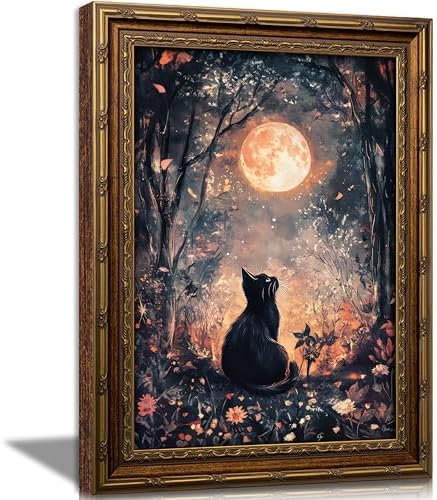 Vintage Gold Framed Black Cat Canvas Wall Art Dark Academia Gothic Full Moon by Gothicart