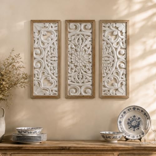 XIAOAIKA Boho Carved Wood Wall Panels, Floral Mandala Decor by XIAOAIKA