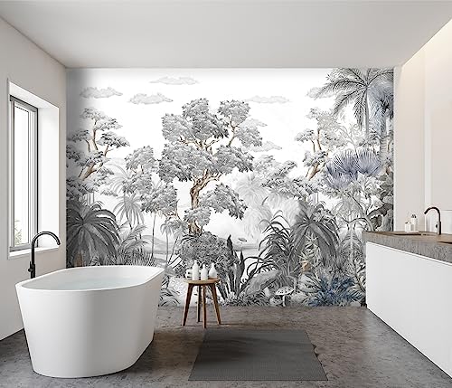 -Tropical Rainforest Botanical Grey Jungle Forest Fabric Wallpaper Living Room - Image 3