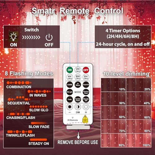HXWEIYE 300LED Fairy Curtain Lights, 9.8x9.8Ft USB, 8 Modes & Timer - Image 4