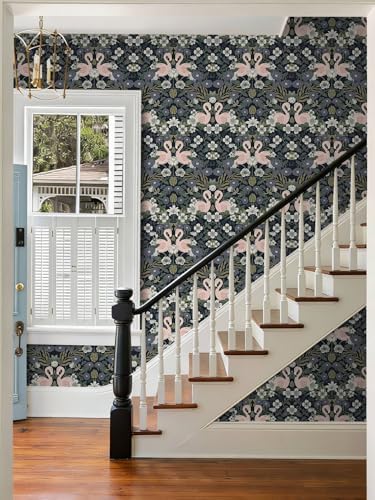 Heroad Vintage Peel and Stick Wallpaper Floral Flamingo Contact Paper Dark Blue - Image 4