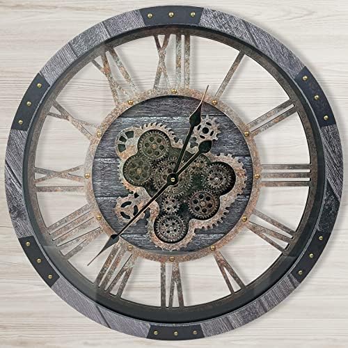24" Large Wall Clock with Moving Gears, Oversize Vintage Industrial Rustic by DORBOKER
