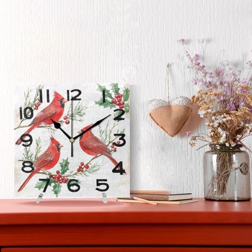 Moderate 8 Inch Square Wall Clock, Cardinals on Holly Berry Branches Christmas - Image 4