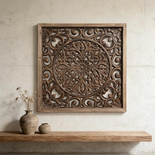 XIAOAIKA Boho Carved Wood Wall Art Panel, Floral Mandala, Distressed Brown - Image 6