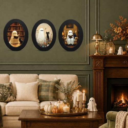 3Pcs Spooky Ghost Halloween Oval Wall Art Framed Dark Academia Decor - Image 4