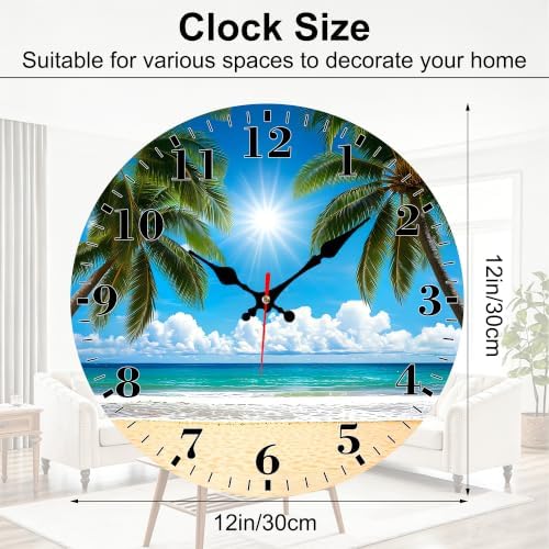 12" Silent Wall Clock, Round Wall Clock, Tropical Beach Palm Trees - Image 2