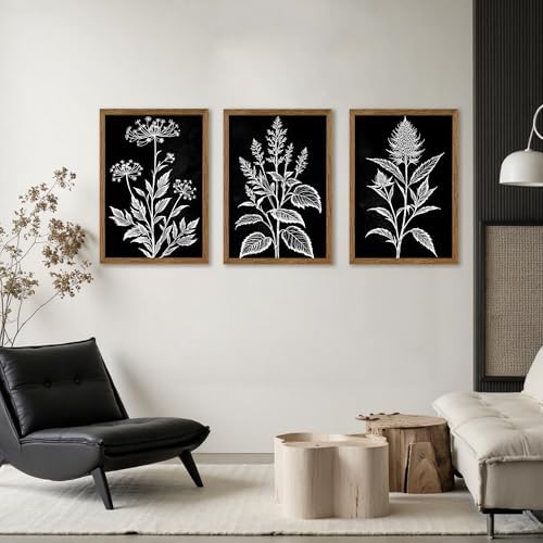 AVECCO 3 Pieces Black White Botanical Wall Art Canvas Framed 16x24 Inch - Image 3