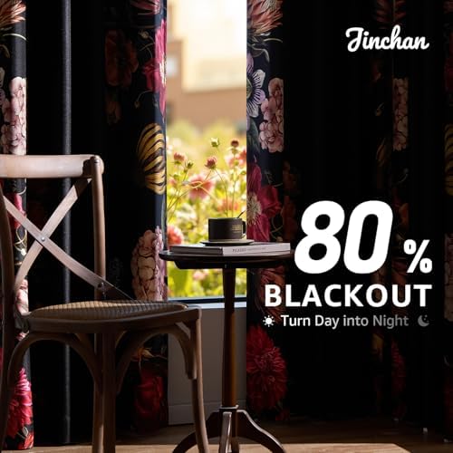 jinchan Black Floral Blackout Curtains 96 Inch Vintage Grommet 2 Panels - Image 4