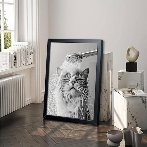 XYHYRA Framed Cat Bathroom Decor Funny Animal Bathroom Wall Art Black and White - Image 2