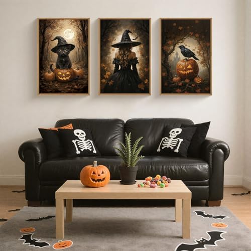 Halloween Spooky Witch Black Cat Raven Framed Canvas Wall Art Set-24"x36"x3 - Image 2