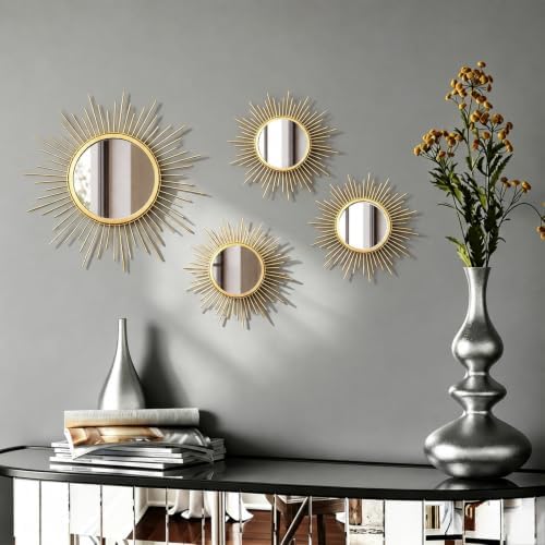 4 Pieces Gold Sunburst Wall Mirror Set Modern Metal Circles by sxnzequnze