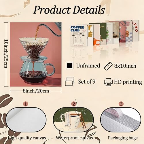 XYHYRA Coffee Wall Art Set of 9, Vintage Coffee Bar Canvas Prints Poster - Image 3