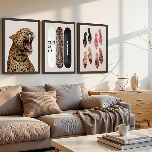 Stockholm Style 3-Piece Framed Wall Art Set – Leopard Print & Preppy Fashion Art - Image 3