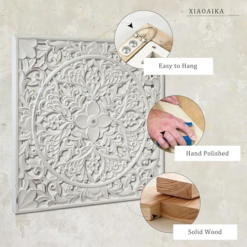 XIAOAIKA Boho Carved Wood Wall Art Panel, Floral Mandala, Distressed White - Image 4