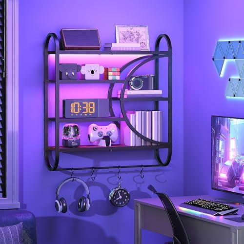 HOOBRO Gaming Floating Shelves for Wall, 28.9" LED Wall Shelf, Display Rack by HOOBRO