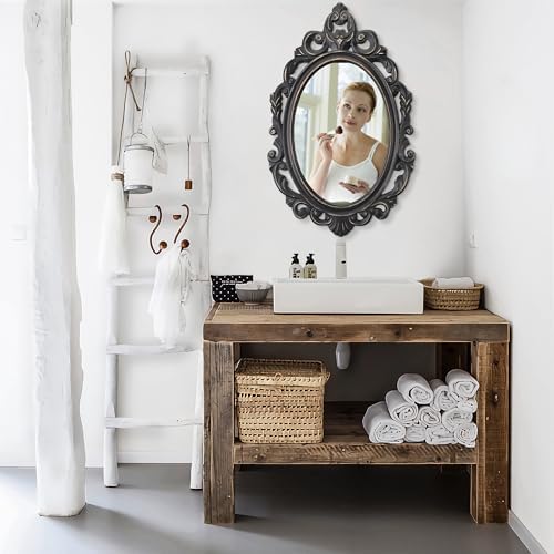 Oval Mirror Black Wooden Hanging Mirrors Carved Wall Mirror Baroque Style Frame - Image 6