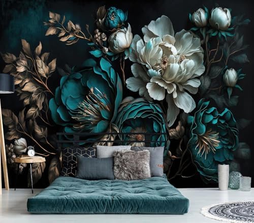 Luxurious Moody Dark Teal & Cream Peony Floral Wallpaper Mural - Image 2
