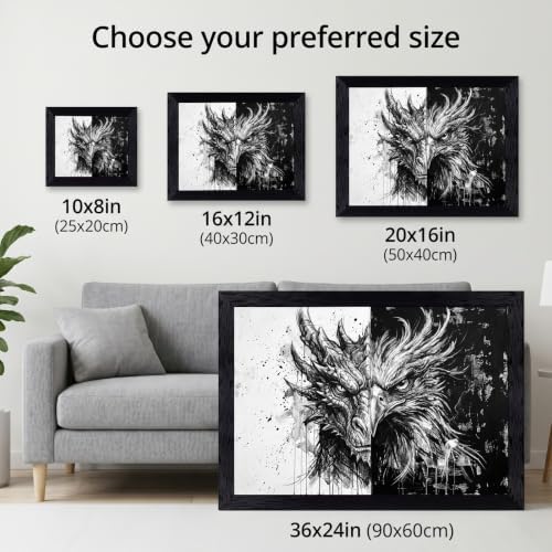 Framed Canvas Wall Art Abstract Ink Dragon and Phoenix Monochrome High-Contrast - Image 3