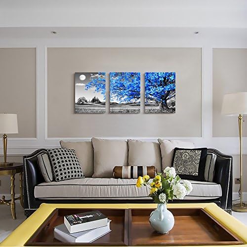 Wall Art For Living Room Black And White Blue Tree Moon Canvas Wall Decor For - Image 2