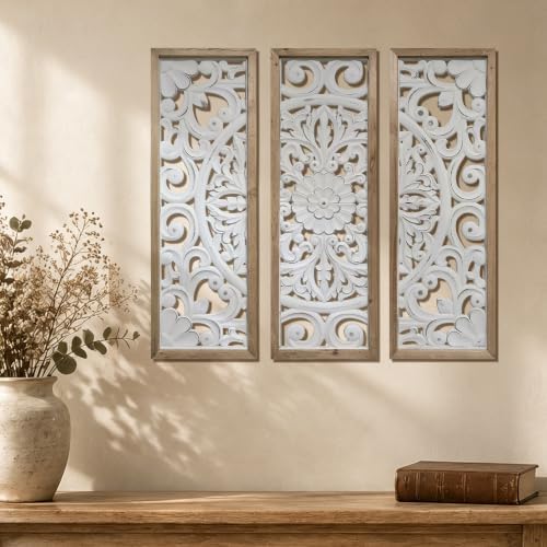 XIAOAIKA Boho Carved Wood Wall Panels, Floral Mandala Decor - Image 6