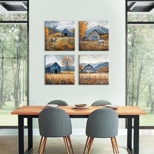 Farmhouse Kitchen Decor Mountain Wall Art Rustic Barn Windmill Pictures Autumn - Image 3