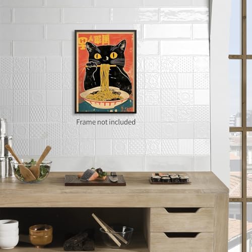 enttgo Vintage Black Cat Poster Funny Cat Eating Ramen Wall Art Unique Kitchen - Image 6