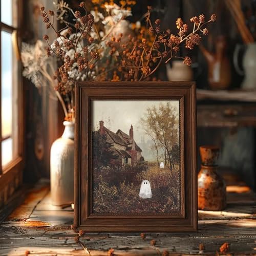 uniro Halloween Cute Ghost Vintage Wall Art, Spooky Autumn Landscape Canvas Oil - Image 7