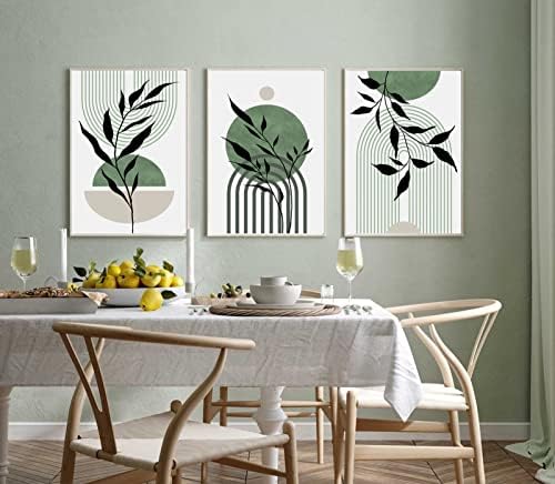 Mid Century Modern Wall Art Set of 3 Sage Green Canvas Wall Art Boho Prints - Image 3