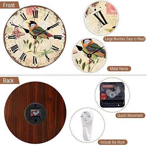 Colorful Bird Silent Wall Clock 14 Inch Battery Roman Numeral Wood - Image 2