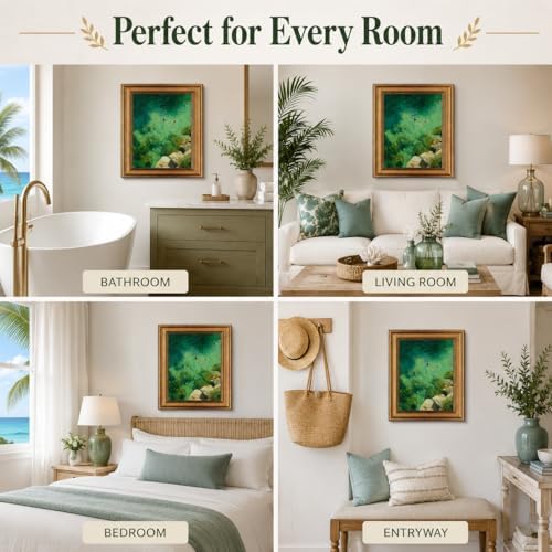 Gold Framed Wall Art, Swimming in Green Abstract Canvas Prints – Vintage - Image 6