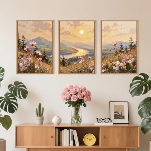 LHIUEM Large Boho Sunset Wildflower Framed Canvas Wall Art, Nature Pink Flower - Image 4
