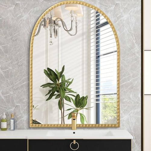 Large Gold Arch Mirror for Bathroom, Metal Beaded Frame 36"x24" Arched Wall by HLFMVWE