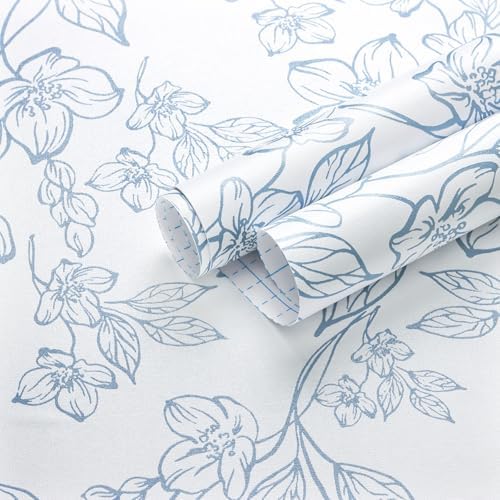 Ismoon Floral Peel Stick Wallpaper Blue White Contact Paper 17.3x78.7in by Ismoon