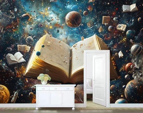 Colorful Wall Mural Wallpaper Books Planets in Space Surreal Style Hotel Lobby - Image 4