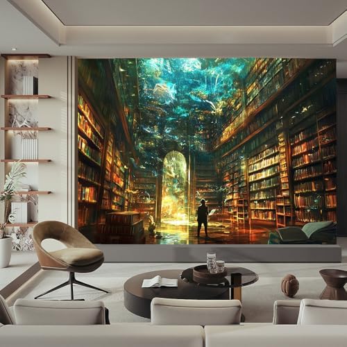 Teal Brown 3D Wall Mural Wallpaper Fantasy Library Books Person Sci Fi Style - Image 2