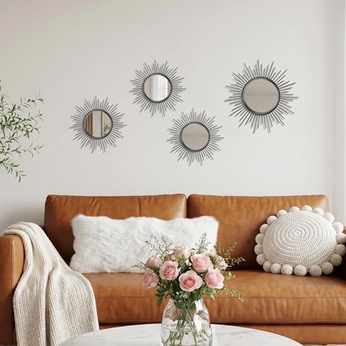4 Pieces Gold Sunburst Wall Mirror Set Modern Metal Circles - Image 4