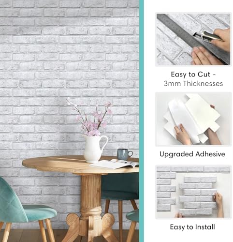 Commomy 3D Faux Brick Wall Panels Grey Spots White 11.8" x 11.8" - Image 5