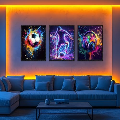 3 PCS Soccer Wall Art Neon Sports Canvas Prints - Image 2