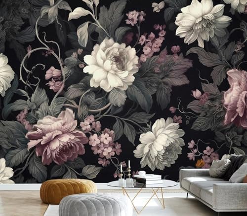 Elegant Dark Background Floral Peony Pattern Wallpaper - Image 2