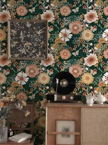 Dimoon Boho Retro Dark Green Wallpaper Peel and Stick Wallpaper Vintage Floral - Image 5