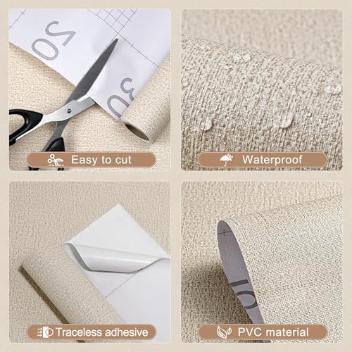 Peel and Stick Grasscloth Wallpaper Texture Khaki Beige Faux Linen Contact - Image 2