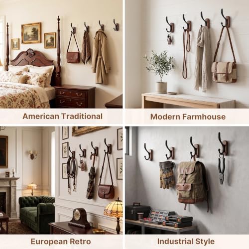 4 Pack Wall Mounted Coat Hooks, Walnut Wood & Black Metal Double Hooks - Image 6