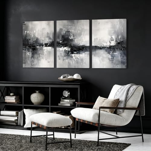 AVECCO Triptych Abstract Black White Gray Wrapped Canvas Wall Art 16x24 In - Image 5